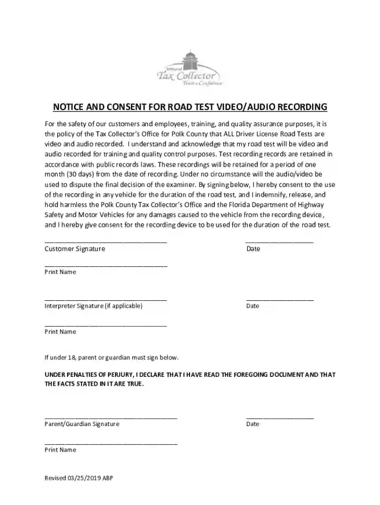 notice and consent for road test video audio recording Preview on Page 1