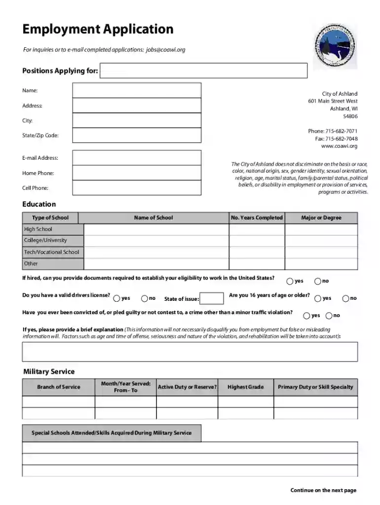 Employment Application - City of Ashland Fire Department Preview on Page 1