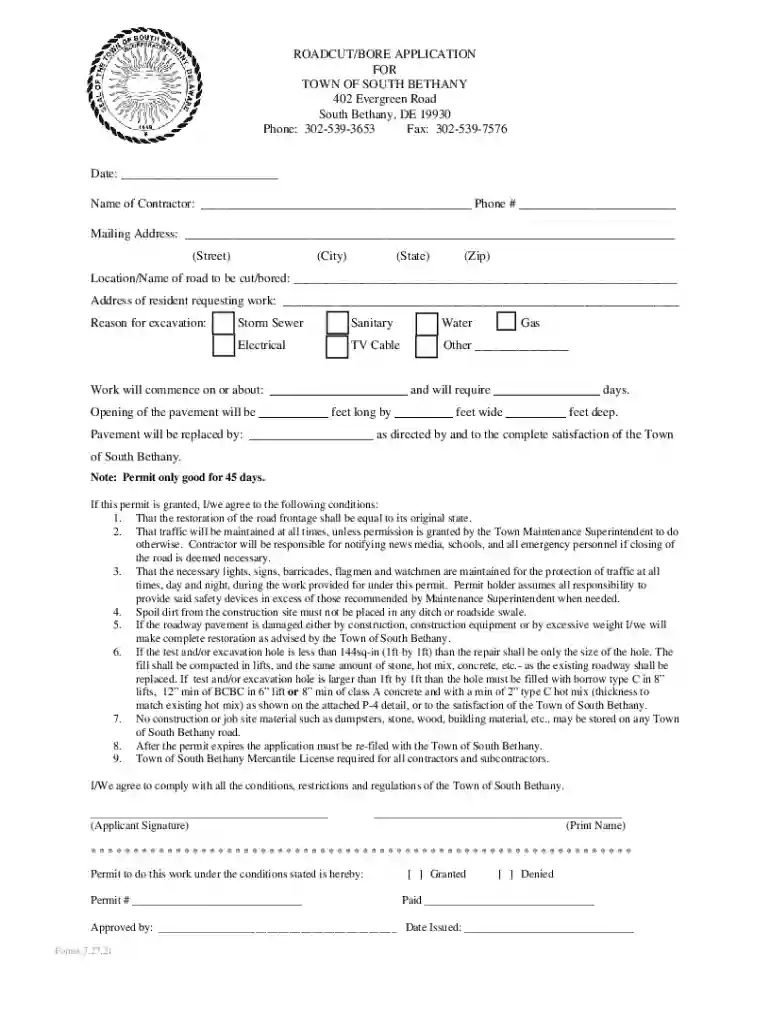 ROADCUT BORE APPLICATION FOR TOWN OF SOUTH BETHANY Preview on Page 1