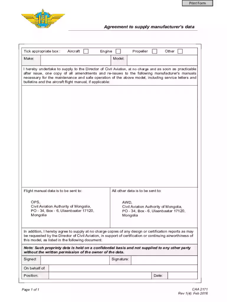 CAA Form 2171 Agreement to supply manufacturer's data Preview on Page 1