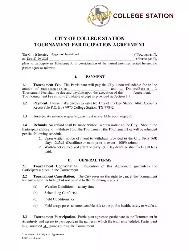 aggielandinvitationalcstx files wordpress CITY OF COLLEGE STATION TOURNAMENT PARTICIPATION AGREEMENT Preview on Page 1