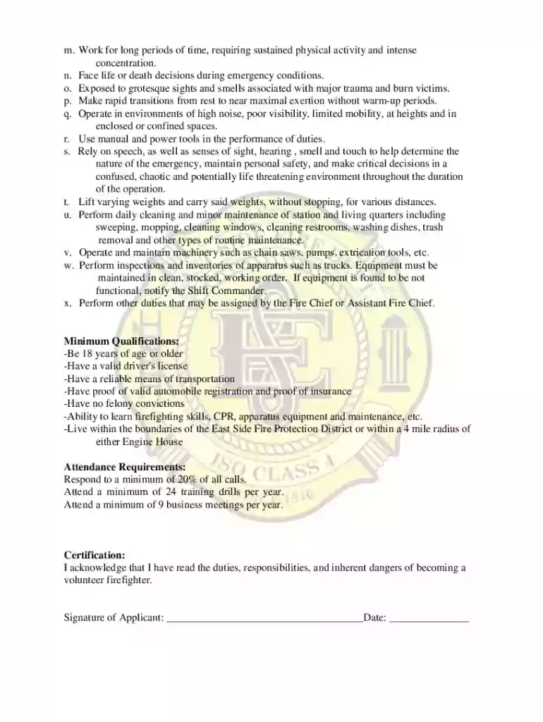 East Side Firefighters Association Job Description for Volunteer Preview on Page 1