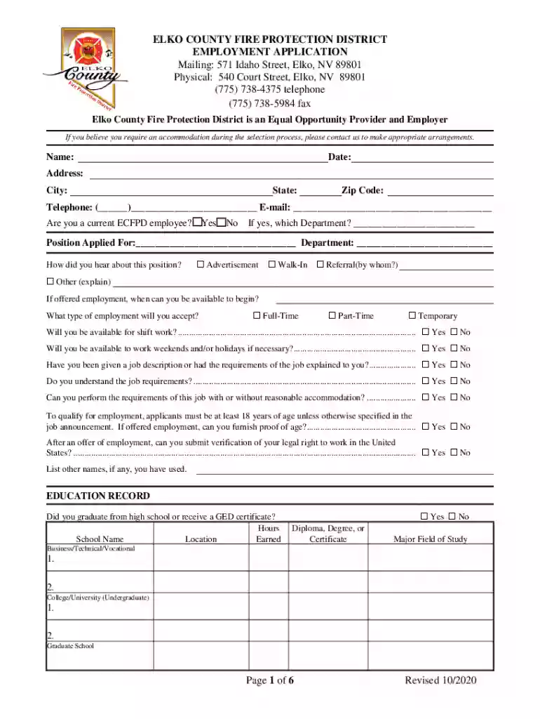 ELKO COUNTY EMPLOYMENT APPLICATION Mailing: 571 Idaho Preview on Page 1