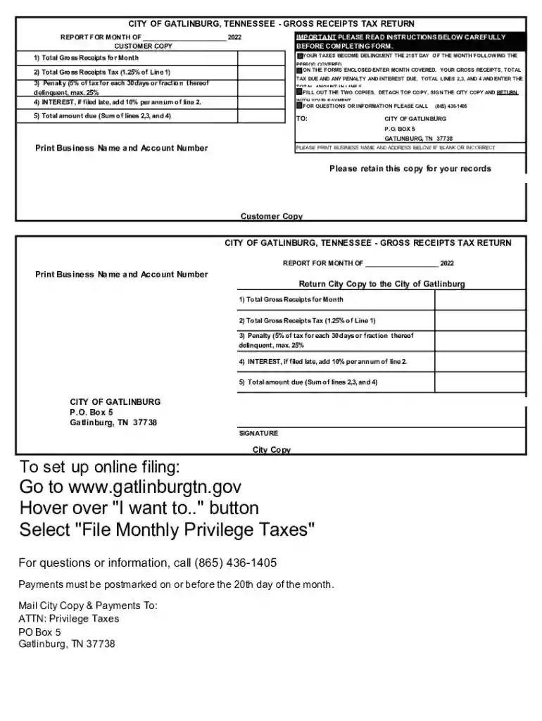 Gatlinburg, TN Gross Receipts Tax Return Mixing Bar Tax Form Preview on Page 1