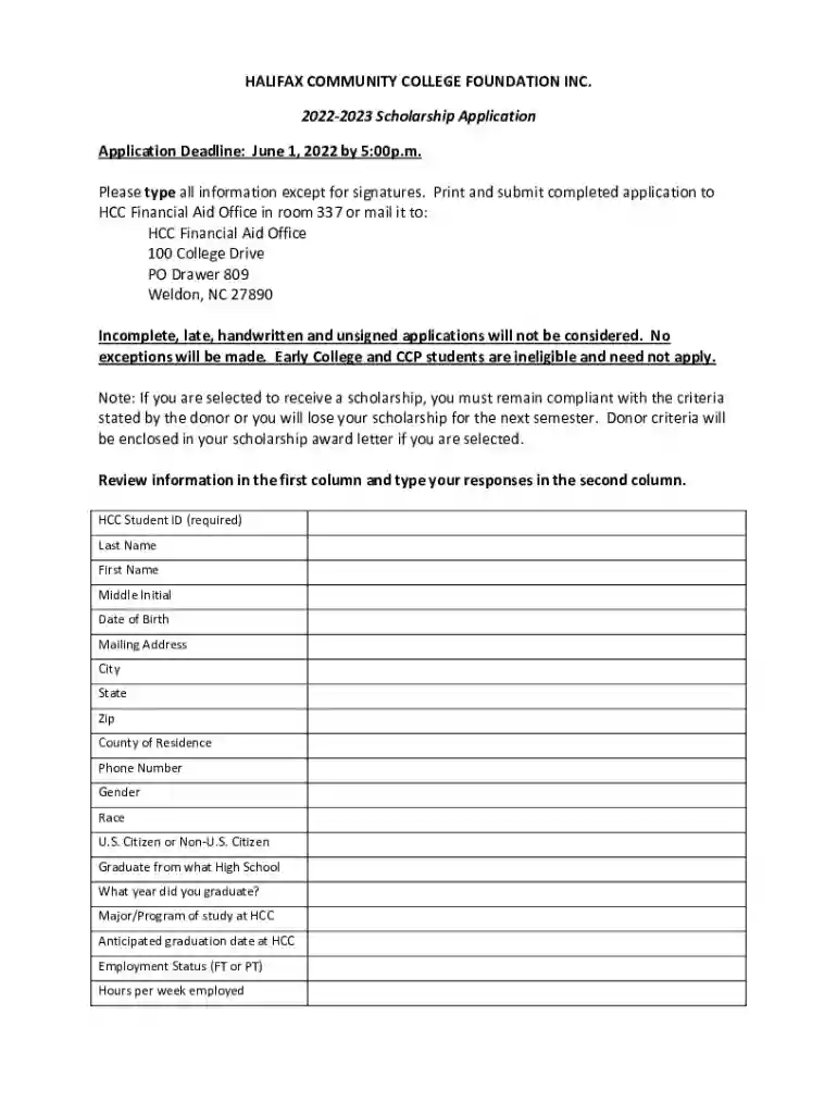 HALIFAX COMMUNITY COLLEGE FOUNDATION INC Scholarship Preview on Page 1