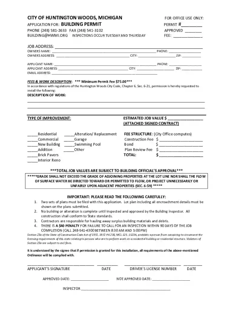 Application for Zoning & Use Permit in Huntington Woods, MI Preview on Page 1