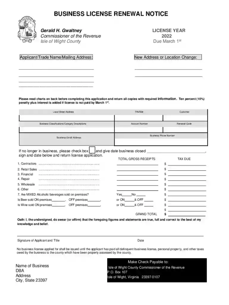 BUSINESS LICENSE RENEWAL NOTICE - Isle of Wight County Preview on Page 1