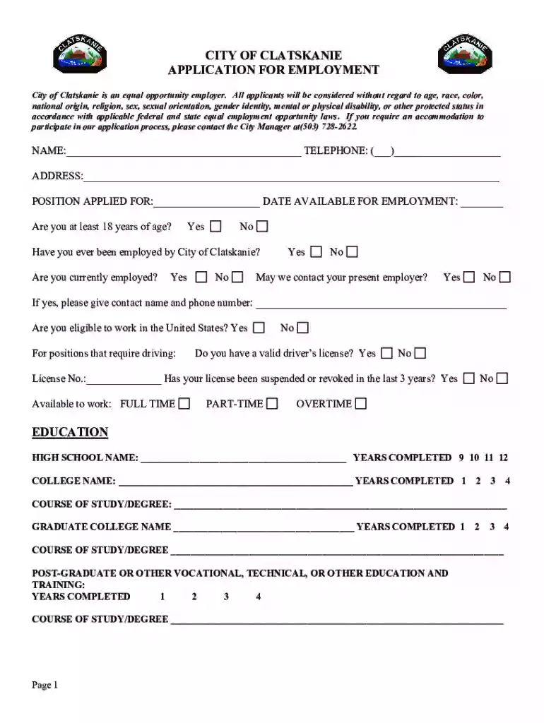 CITY OF CLATSKANIE APPLICATION FOR EMPLOYMENT Preview on Page 1