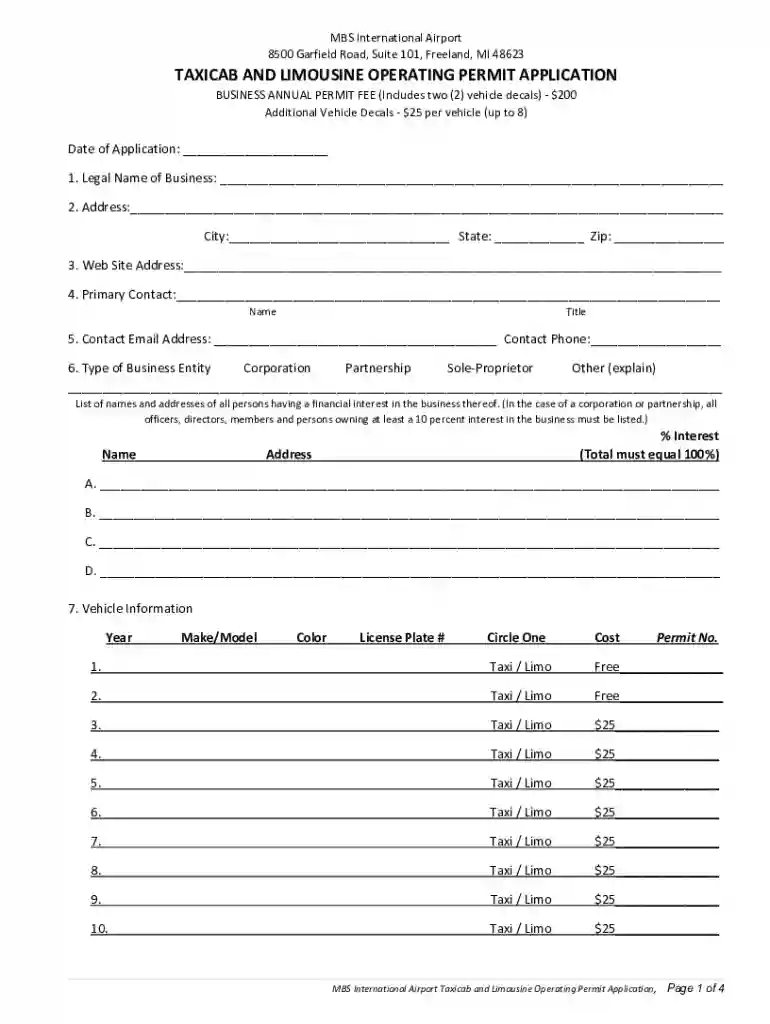 Taxicab Limousine Operating Permit Application - MBS Preview on Page 1