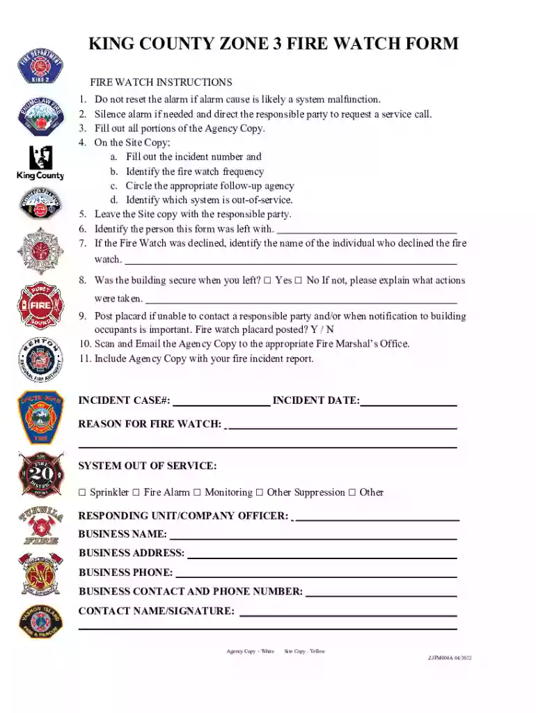 Fillable Online KING COUNTY ZONE 3 FIRE WATCH FORM Fax Preview on Page 1