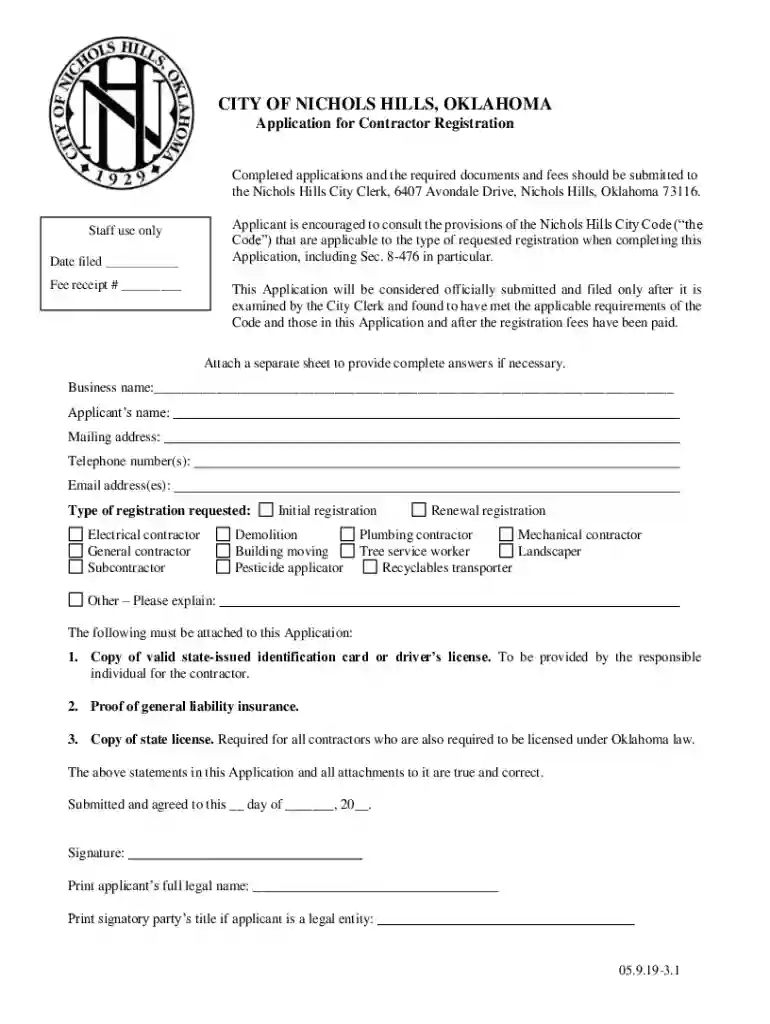 Application for Contractor Registration - City of Nichols Hills Preview on Page 1