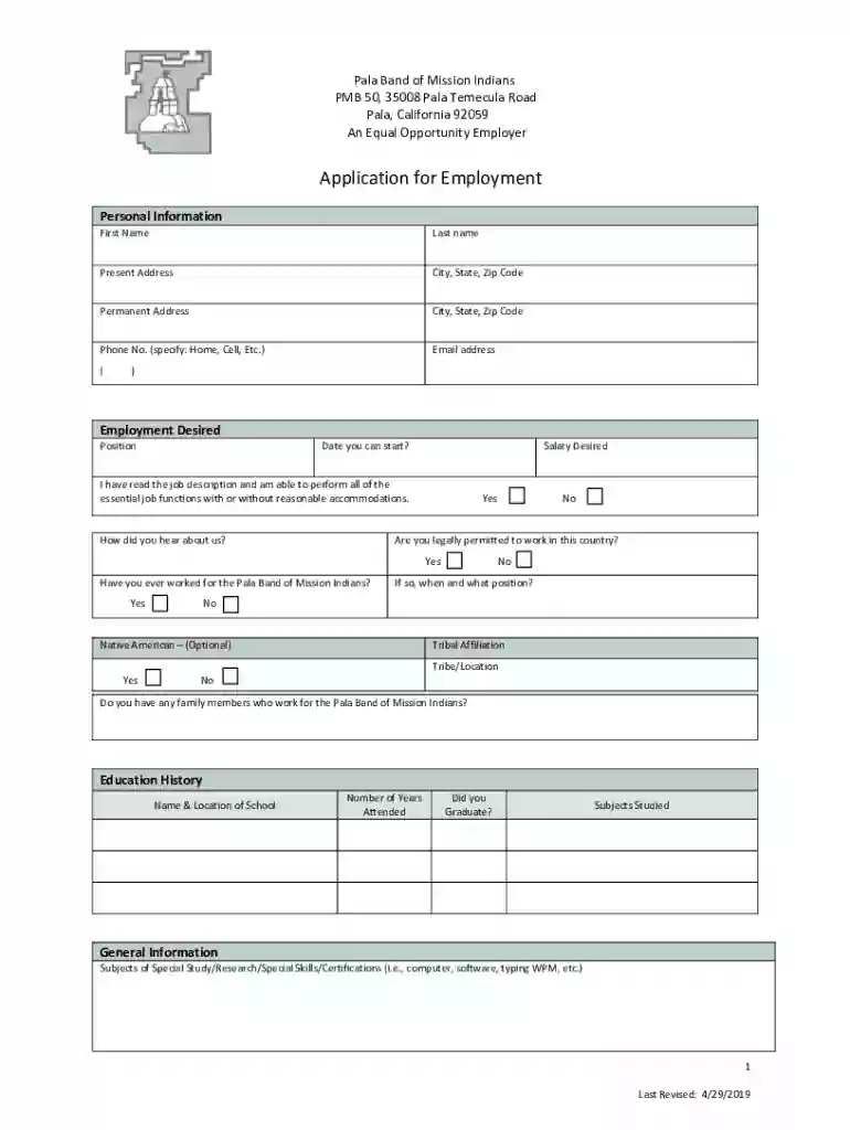 Application for Employment - Pala Band of Mission Indians Preview on Page 1