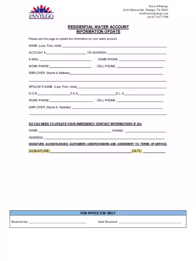 residential water account information update - Town of Pantego Preview on Page 1