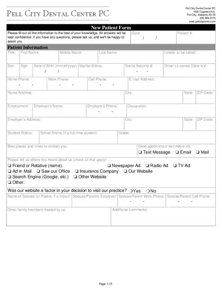 Pell City Dental Center PC New Patient Forms Pell City Dental Center PC New Patient Forms Preview on Page 1
