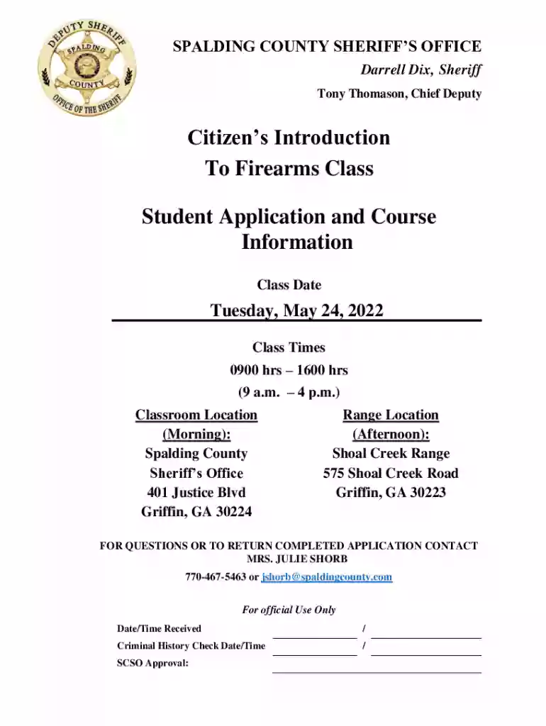 Citizen's Introduction To Firearms Class Student Application Preview on Page 1