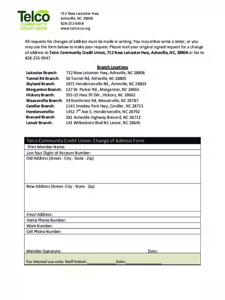 Change of Address Form - Telco Community Credit Union Preview on Page 1