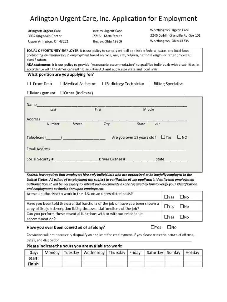 Arlington Urgent Care, Inc Application for Employment Preview on Page 1
