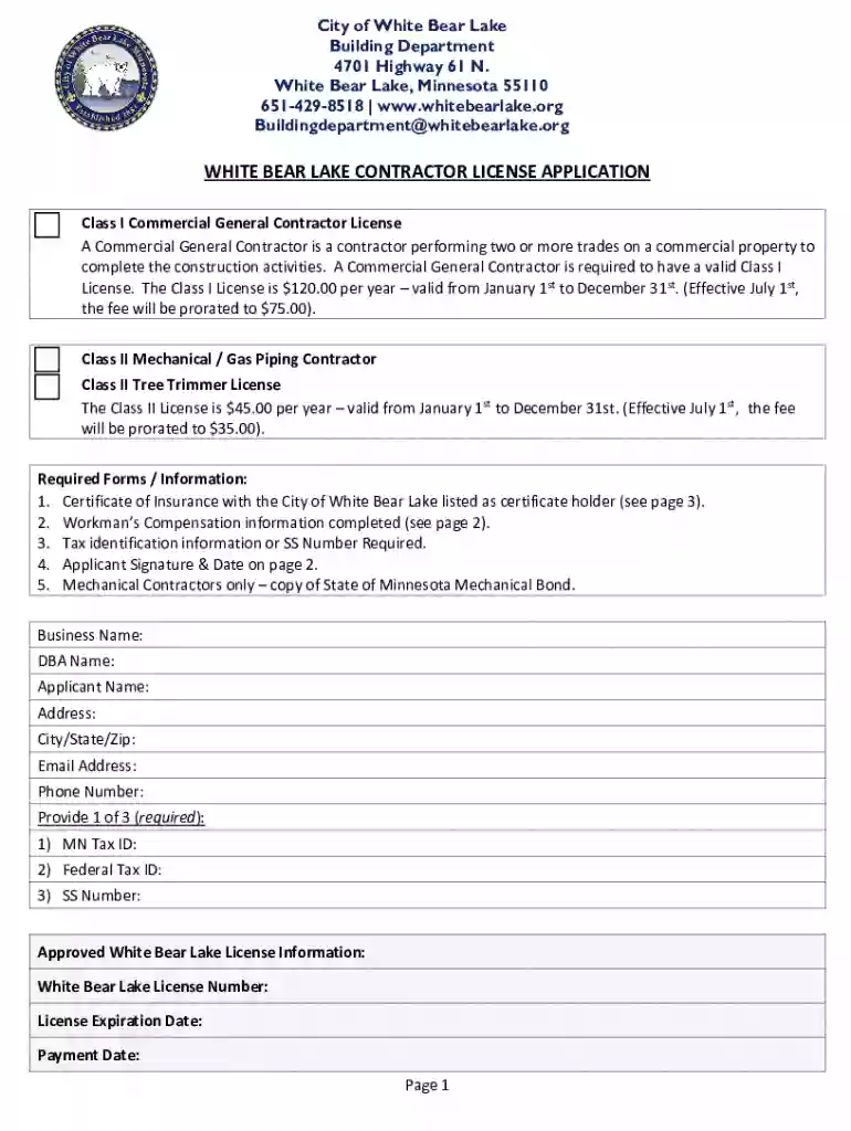 WHITE BEAR LAKE CONTRACTOR LICENSE APPLICATION Preview on Page 1