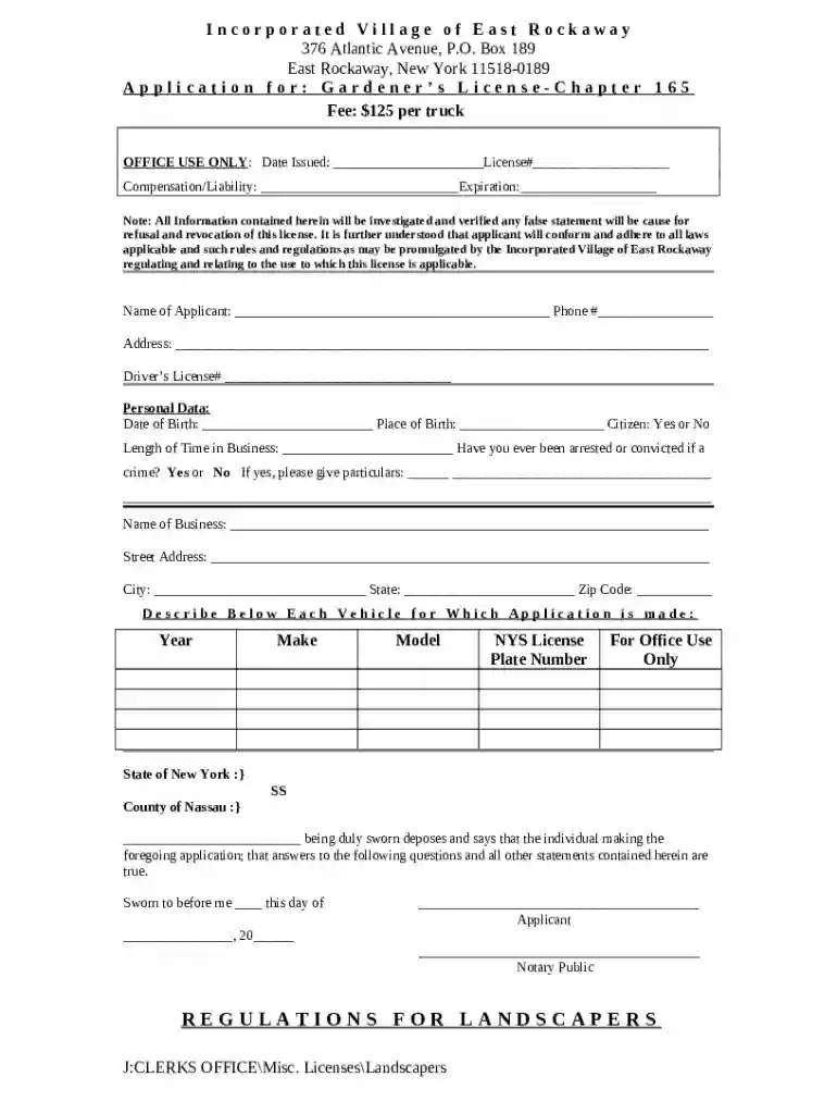 APPLICATION FOR GARDENER'S LICENSE - Village of Atlantic Beach Preview on Page 1