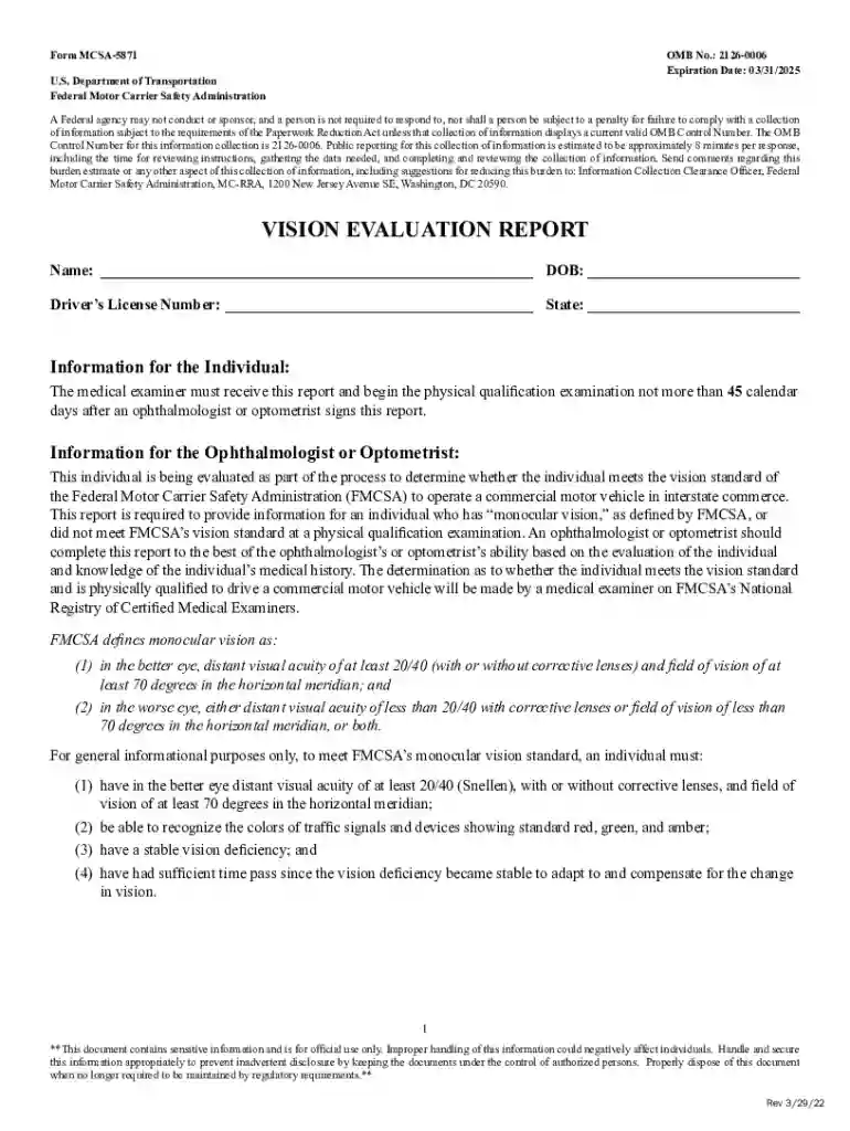 FMCSA Form MCSA-5871 Vision Evaluation Form Preview on Page 1