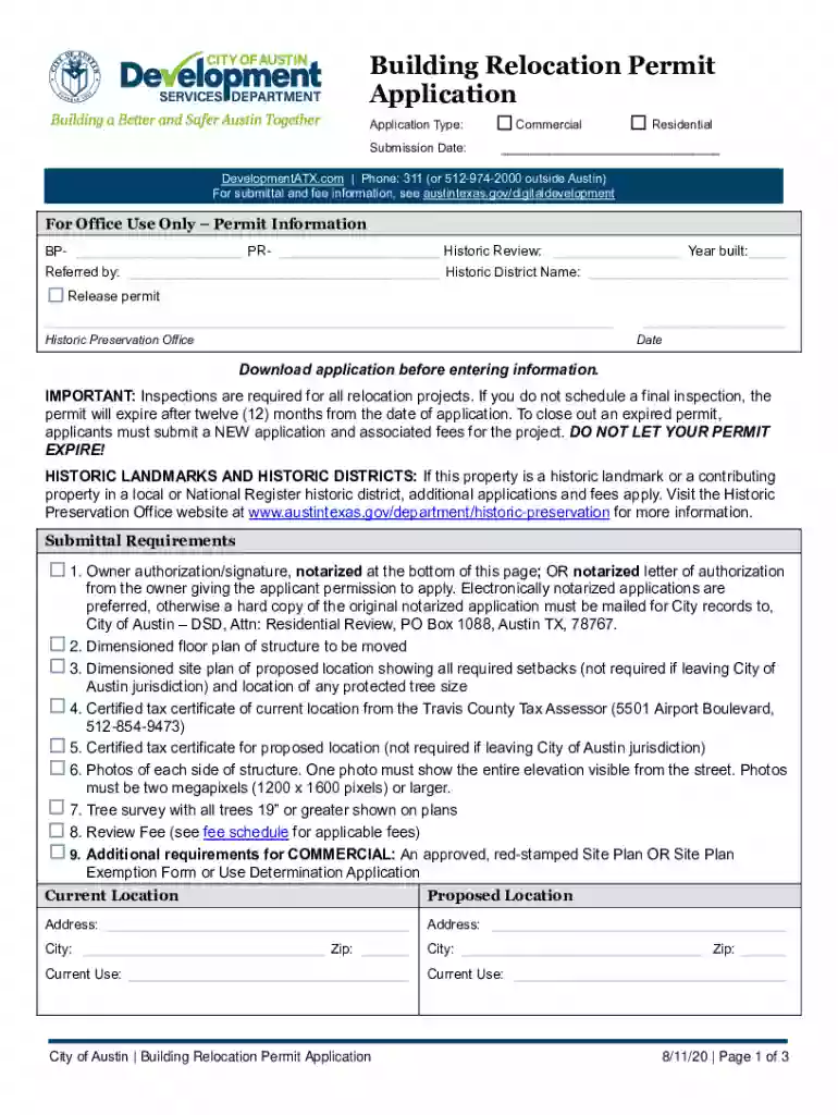 Building Relocation Permit Application Application for Building Relocation Permit in Austin, Texas Preview on Page 1