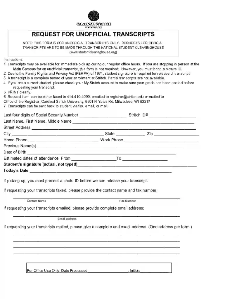 cardinal stritch unofficial transcripts Preview on Page 1