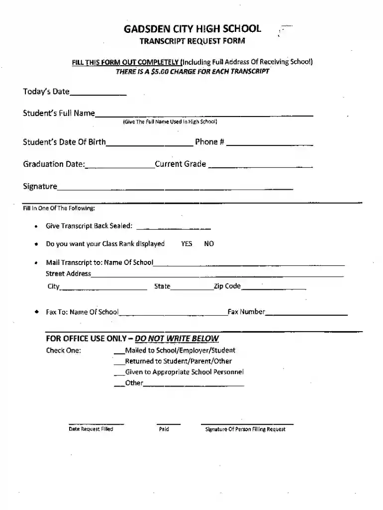 PDF gadsden city high school - transcript request form Preview on Page 1