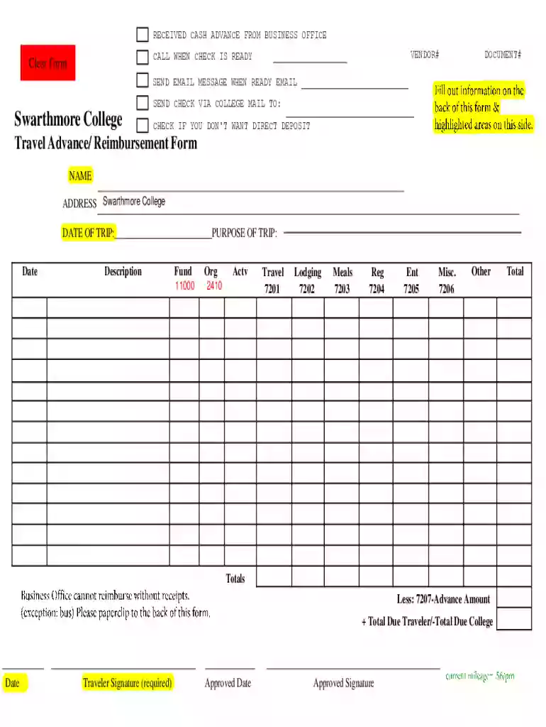 Reimbursement for Travel Form - Swarthmore College Preview on Page 1