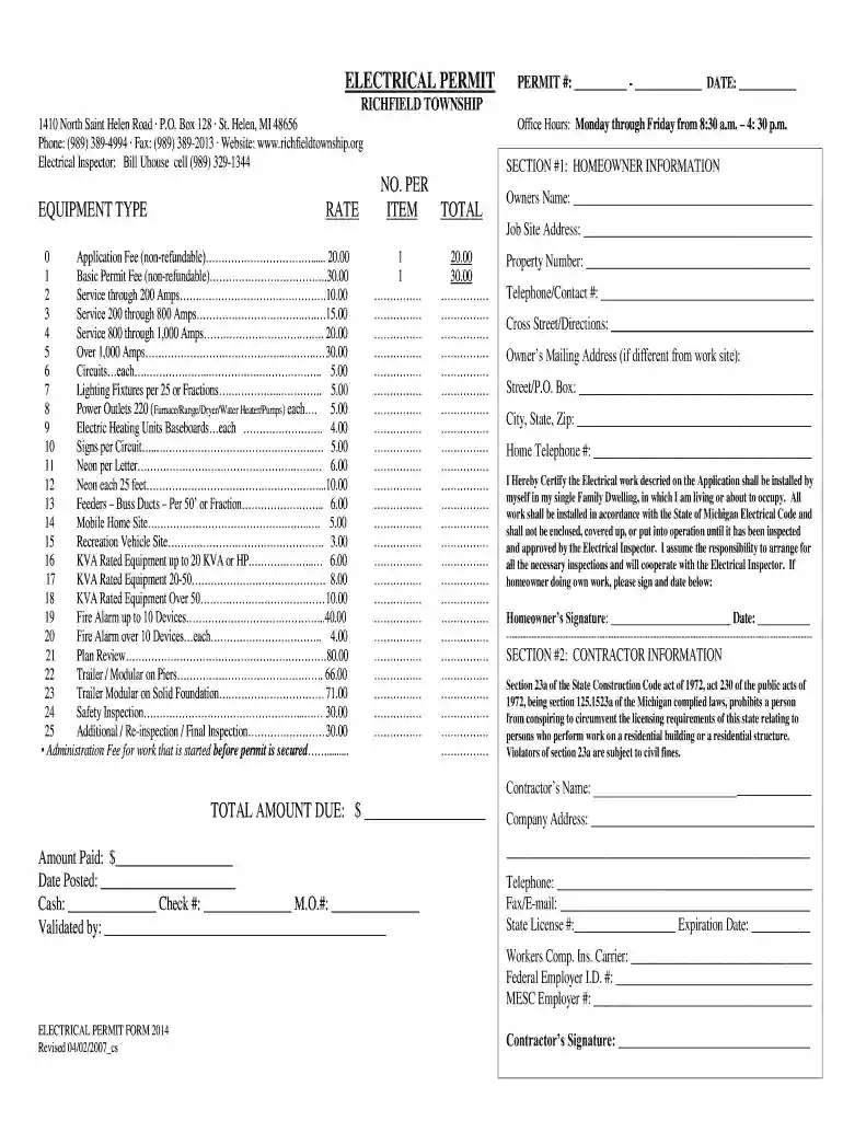 Electrical Permit Application - Richfield Township Preview on Page 1
