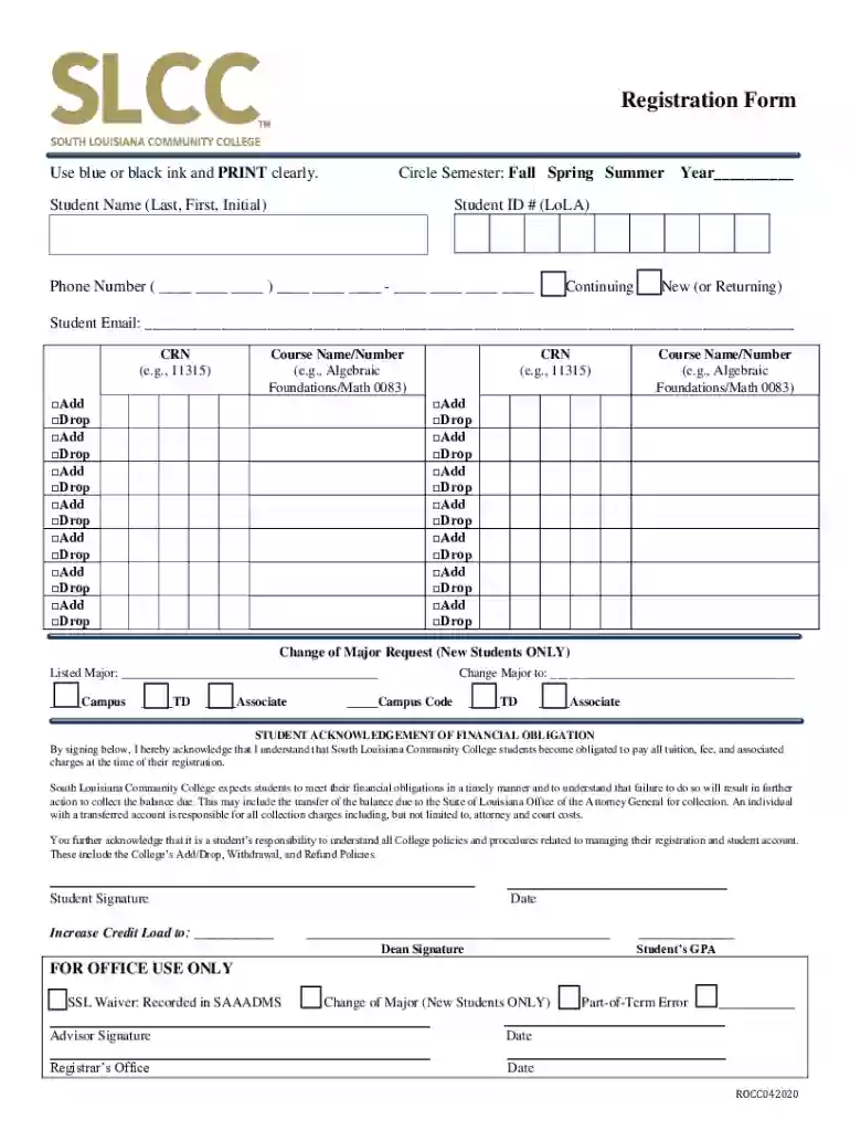PDF Registration Form - South Louisiana Community College Preview on Page 1