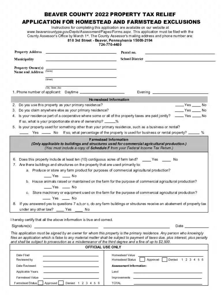 PA Beaver County Property Tax Relief Application Homestead And Preview on Page 1