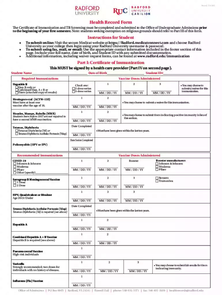 radford immunization form Preview on Page 1