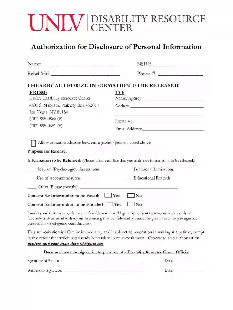 unlv DRC-ReleaseInformationForm-2019Authorization for Disclosure of Personal Information Preview on Page 1