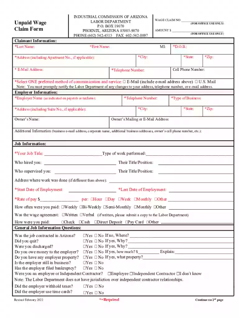 forms.justia.comunpaid-wage-claim-11518Justia :: Unpaid Wage Claim :: Arizona :: Workers Comp ... Preview on Page 1