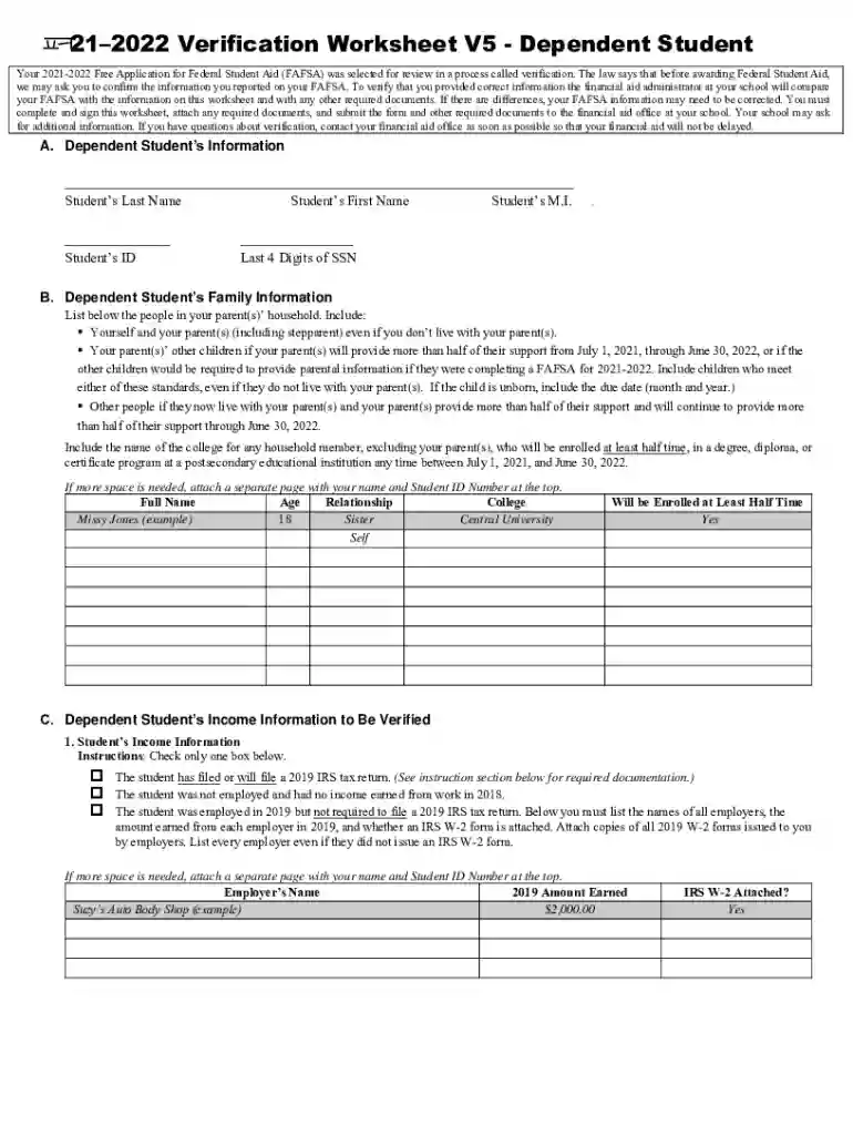 212022 Verification Worksheet V5 - Dependent Student Preview on Page 1
