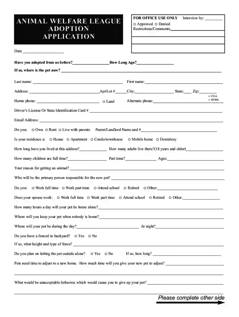 welfare league adoption application Preview on Page 1