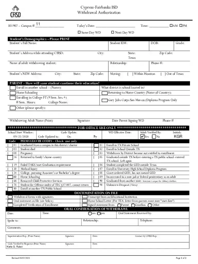 Cypress-Fairbanks ISD Withdrawal Authorization Preview on Page 1