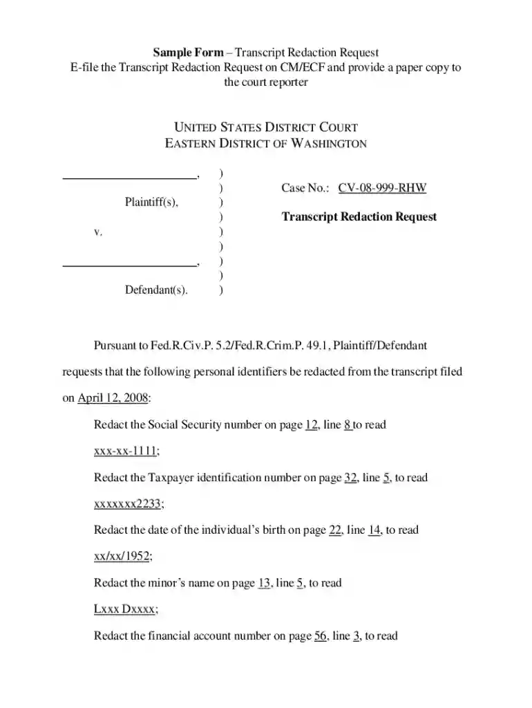 id uscourts ContentFetcherindexSample FormRedaction Request - Transcript UNITED STATES Preview on Page 1