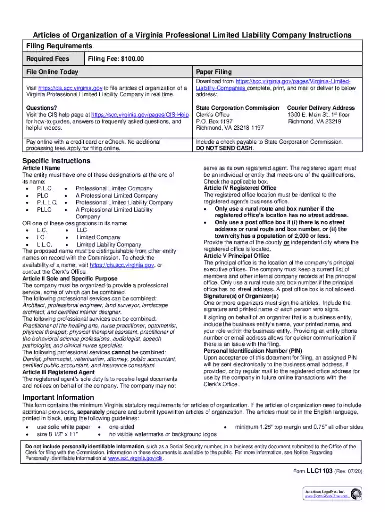 Articles of Organization of a Virginia Professional Limited Liability Preview on Page 1
