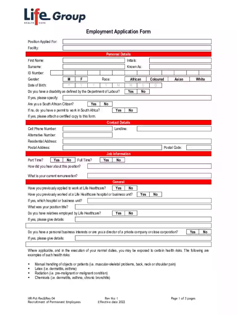life employment application form Preview on Page 1
