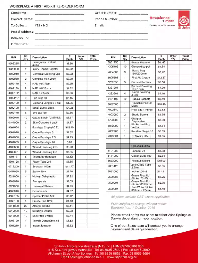 cocodoc form98512543-Workplace-a-first-aidWorkplace A First Aid Kit - Re-Order Form - St John Ambula Preview on Page 1