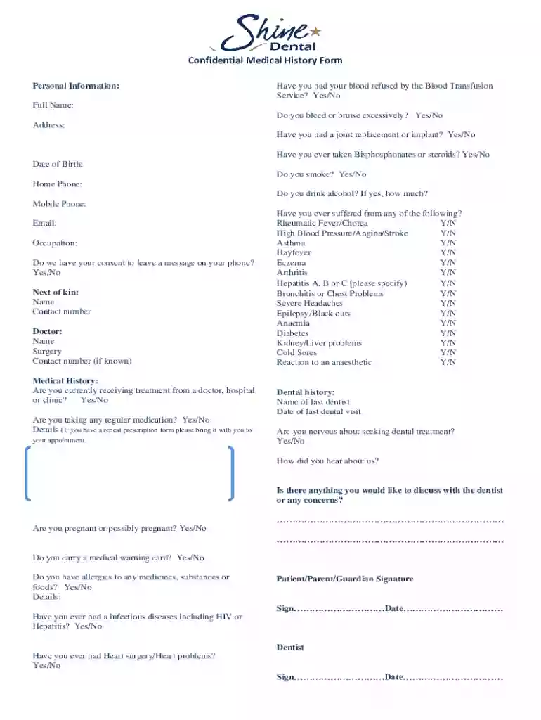 UK Shine Dental Confidential Medical History Form Preview on Page 1