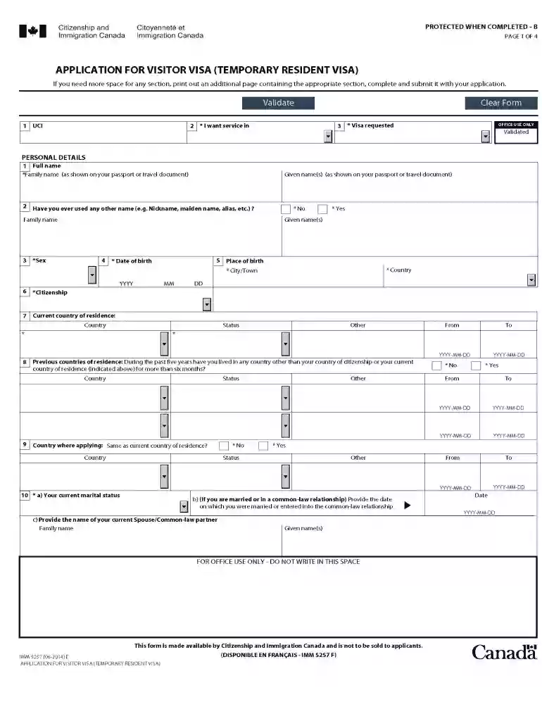 canada visitor visa application form Preview on Page 1