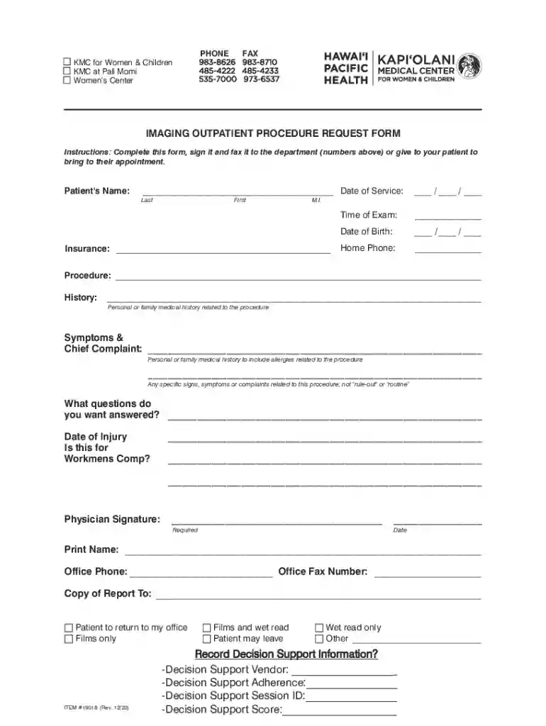 hawaiipacifichealth media1837Outpatient Imaging Procedure Request Form - Hawaii Pacific Health Preview on Page 1