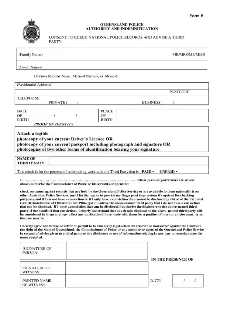 Queensland Police Authority and Indemnification Consent Form Preview on Page 1