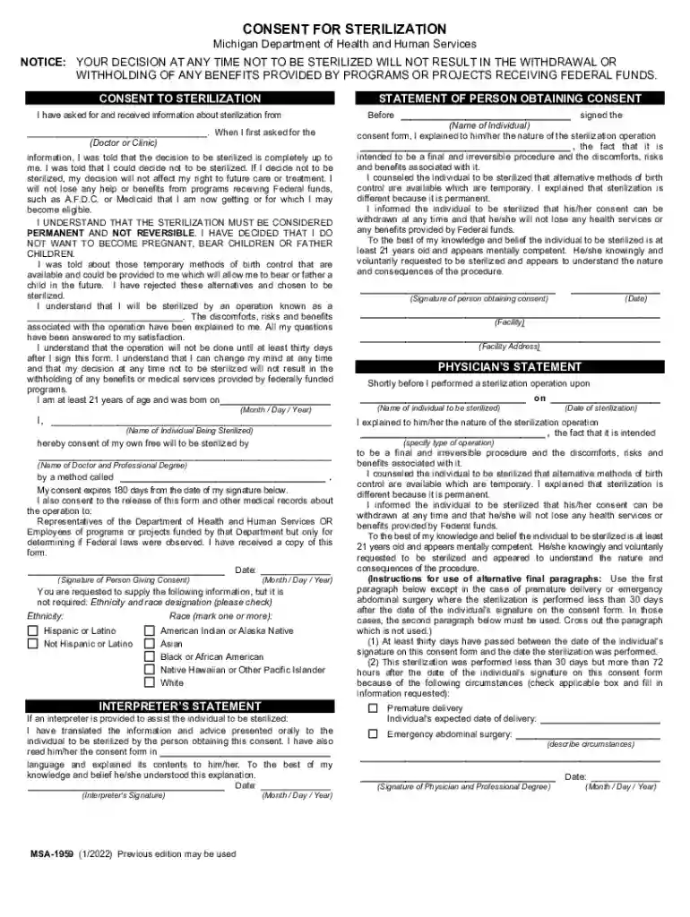 CONSENT FOR STERILIZATION Michigan Department of Health and Human Services Preview on Page 1