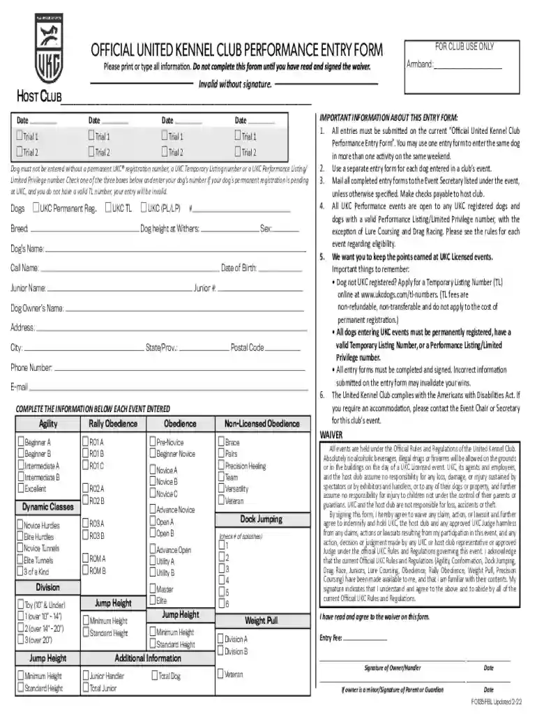 ukc performance entry form Preview on Page 1