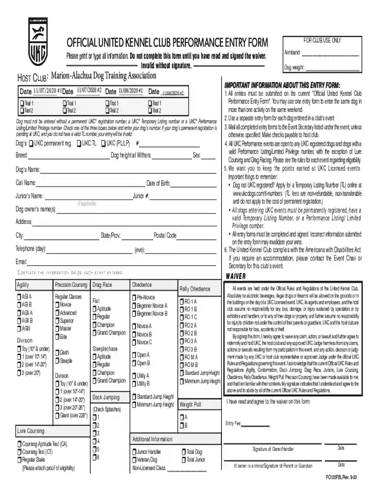 OFFICIAL UNITED KENNEL CLUB PERFORMANCE ENTRY FORM FOR CLUB USE ONLY DO Preview on Page 1
