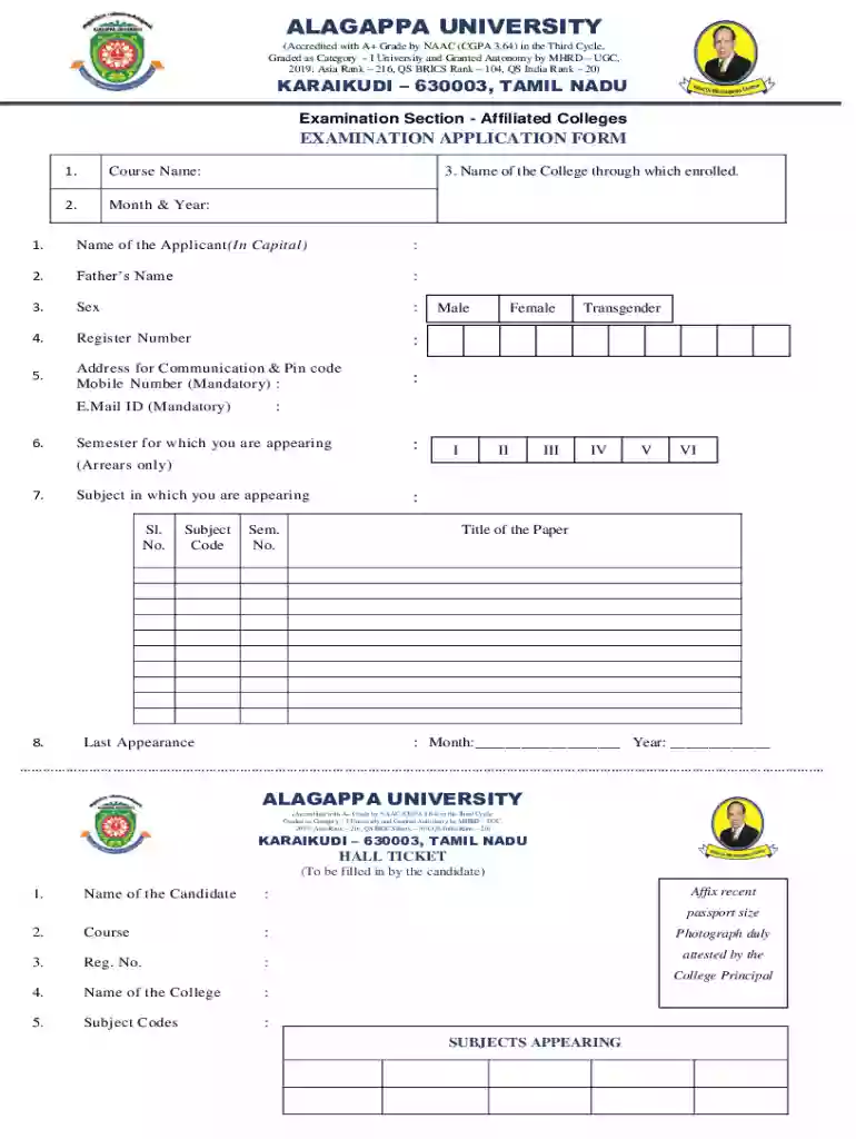 2020 alagappa application form Preview on Page 1