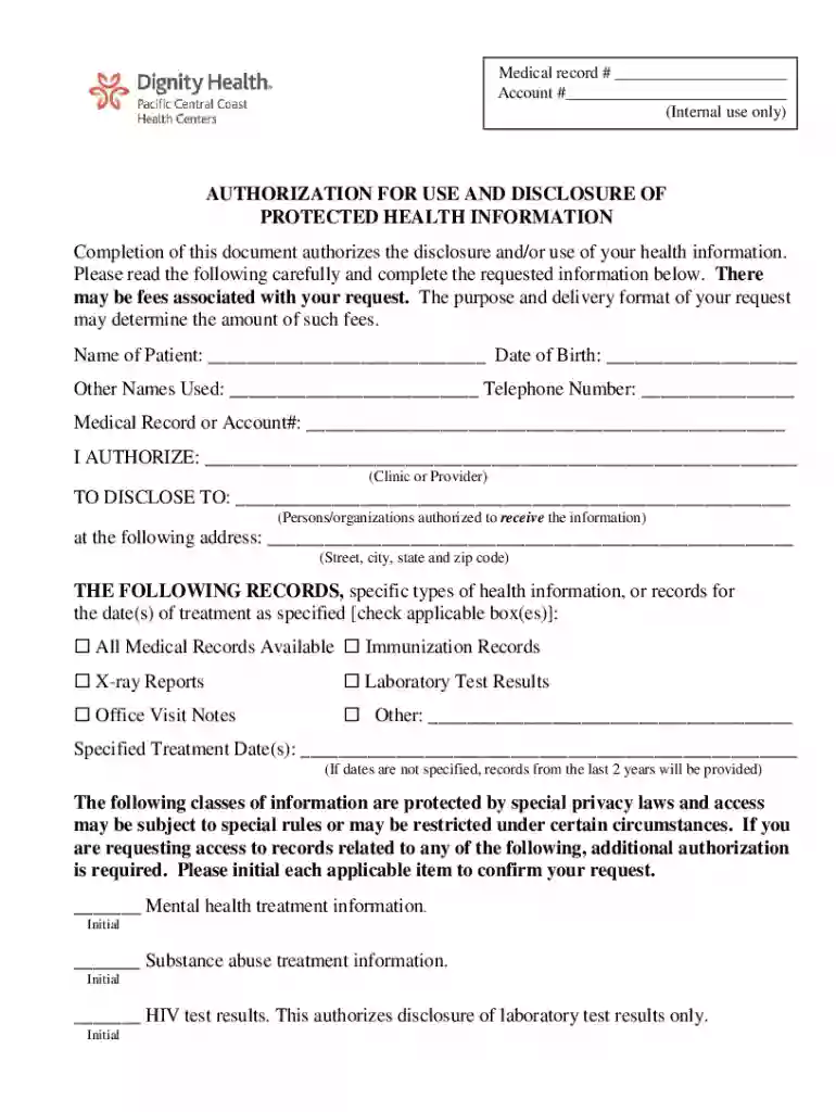 dignityhealth contentdamAUTHORIZATION FOR USE AND DISCLOSURE OF PROTECTED HEALTH Preview on Page 1